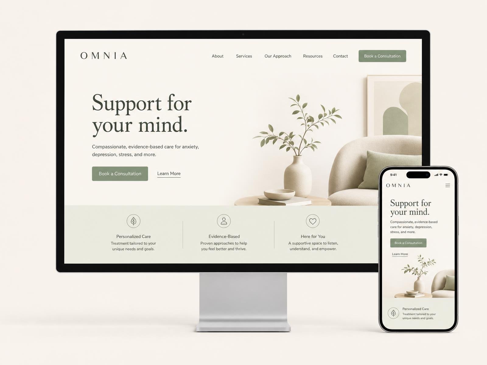 Desktop and mobile screens of the Omnia mental health clinic website, showing a calm editorial layout